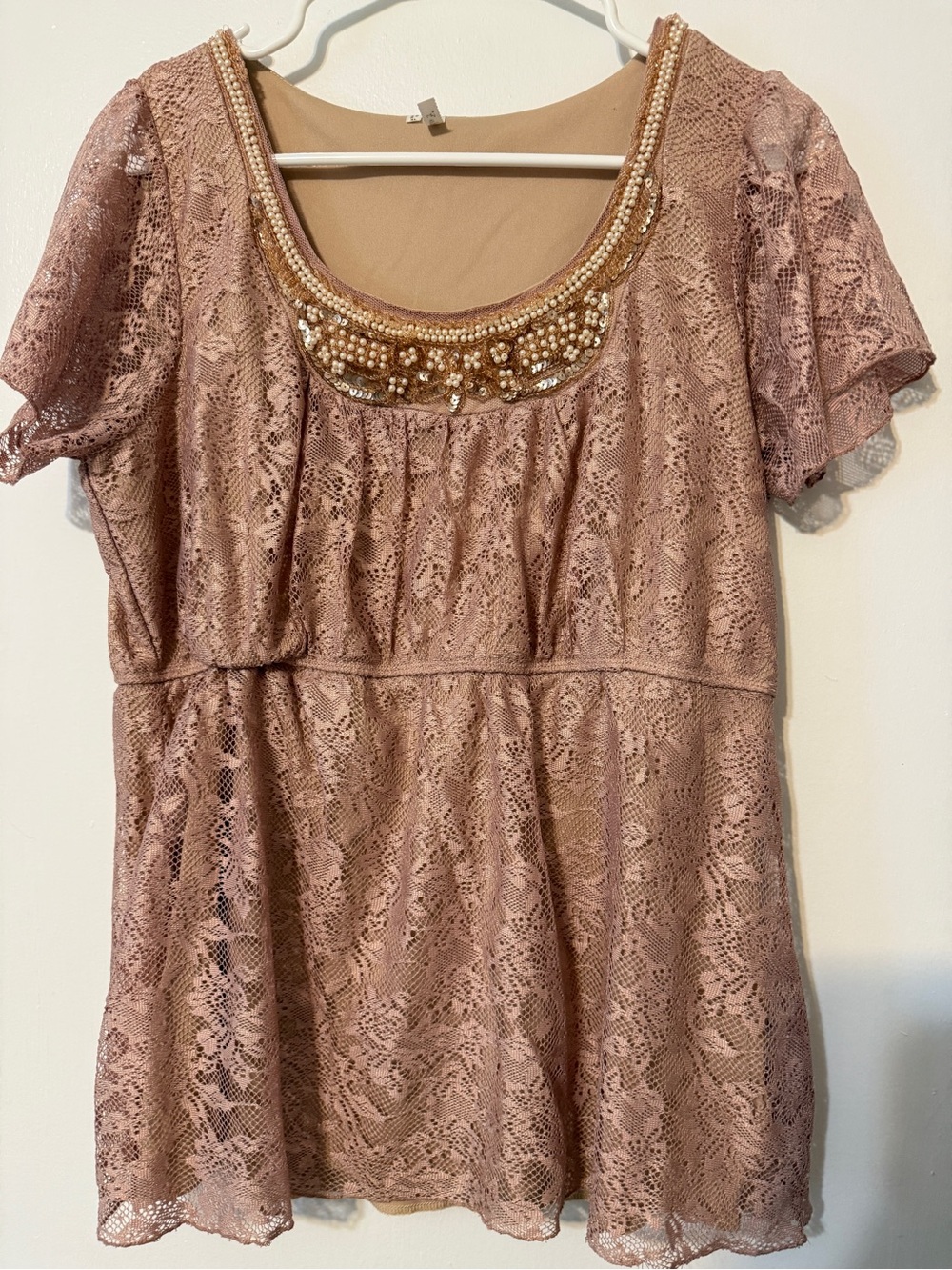 Studio Y Dusty Rose Lace Beaded Scoop Neck Blouse
